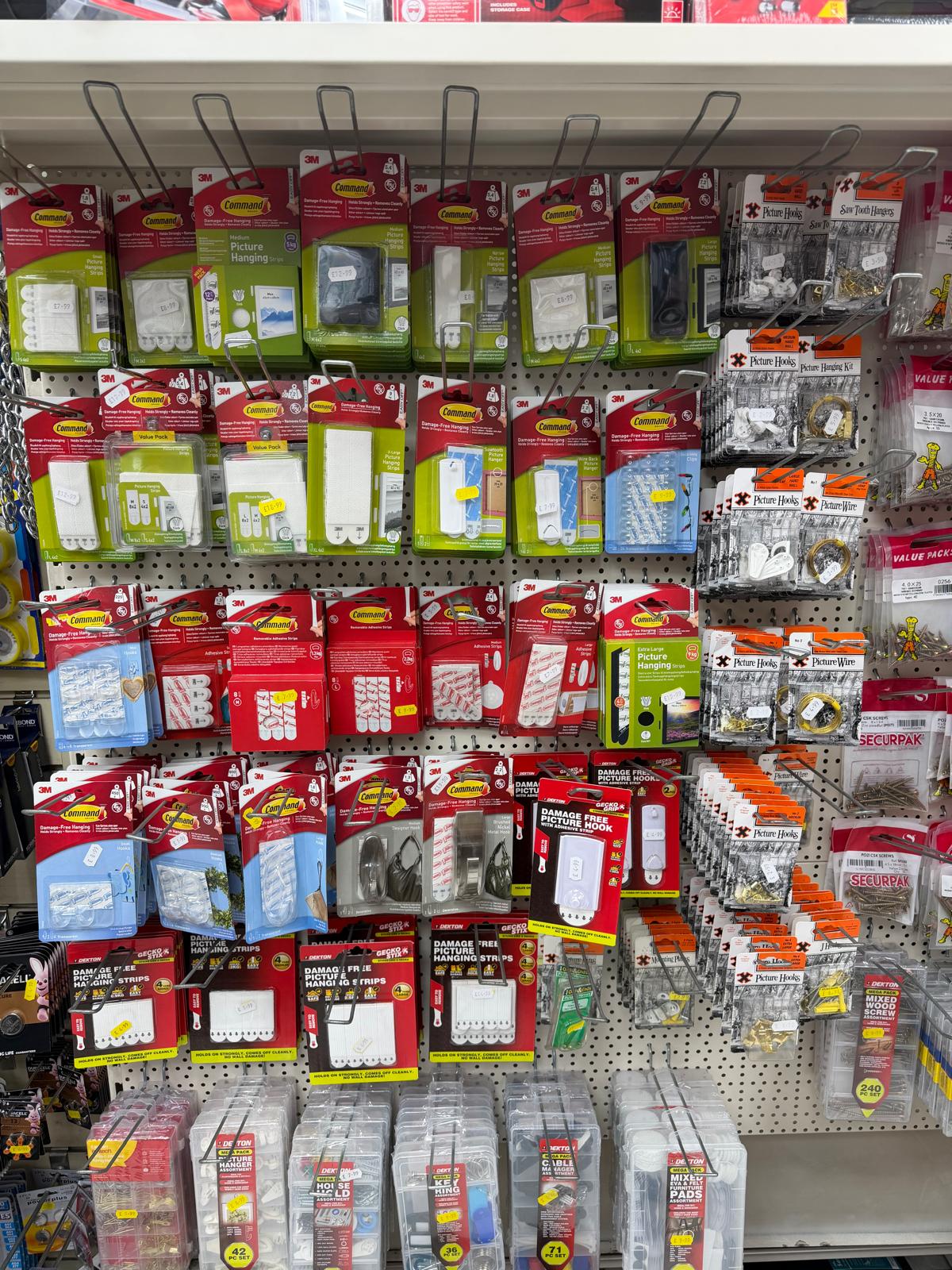 Hooks, clips and adhesive fixings